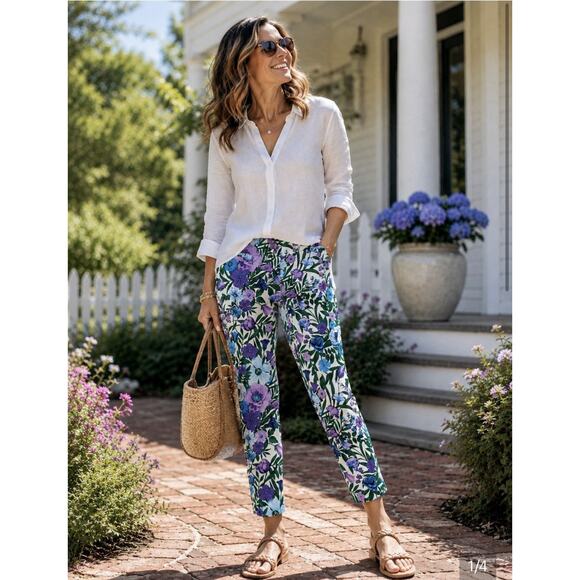 Talbots Pants - Talbots White Linen Blouse with Floral Ankle Pants